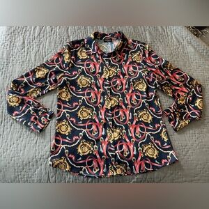 Exaltation Paris Navy Red Gold Equestrian Chains Belts Button Down Top Silky M/L
